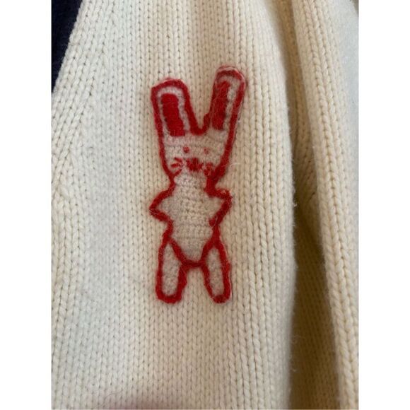 Vintage Style Cream Cardigan with Navy Trim and Rabbit Applique - Picture 3 of 11
